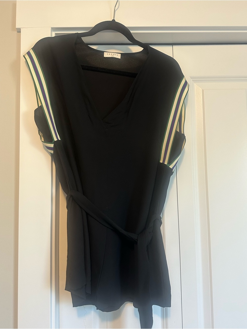 Sandro Black V-Neck Sleeveless Tunic Top with Green, Purple and Cream Grosgrain